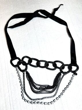 Gunmetal Multi-Row Statement Necklace with Clear Crystals Designers Vera Wong